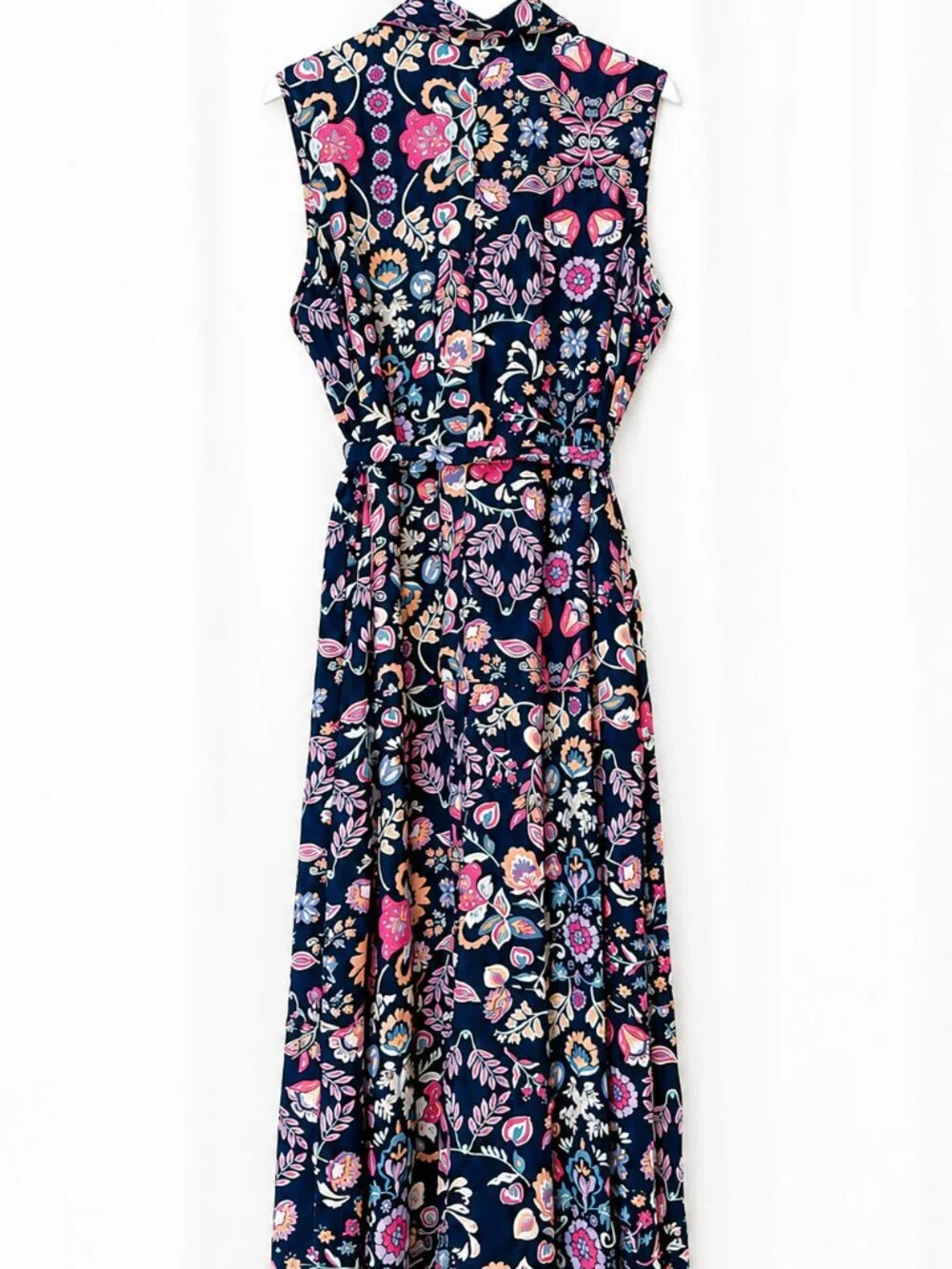 Croft & Barrow Floral Maxi Dress XL Navy Pink Sleeveless Tie Waist Cottagecore - Picture 4 of 5